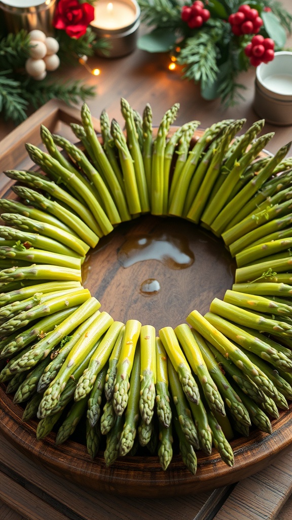 A festive asparagus kranz arranged as a wreath, garnished with herbs, on a rustic table with holiday decorations.